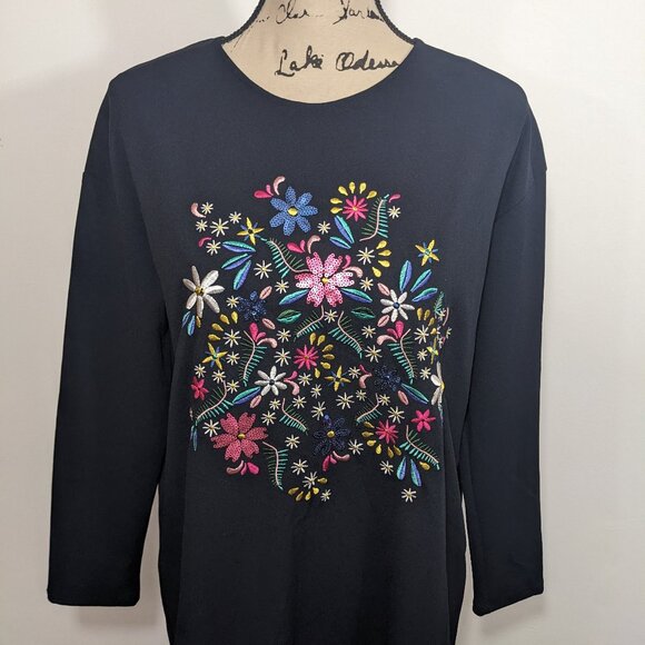 Zara Woman Basic Black Long Sleeve Embroidered Floral Shift Dress Ruffle Hem S - Picture 3 of 10